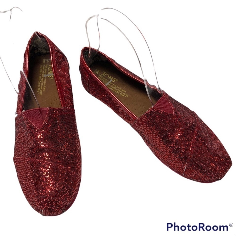 TOMS YOUTH RED SPARKLE SHOES